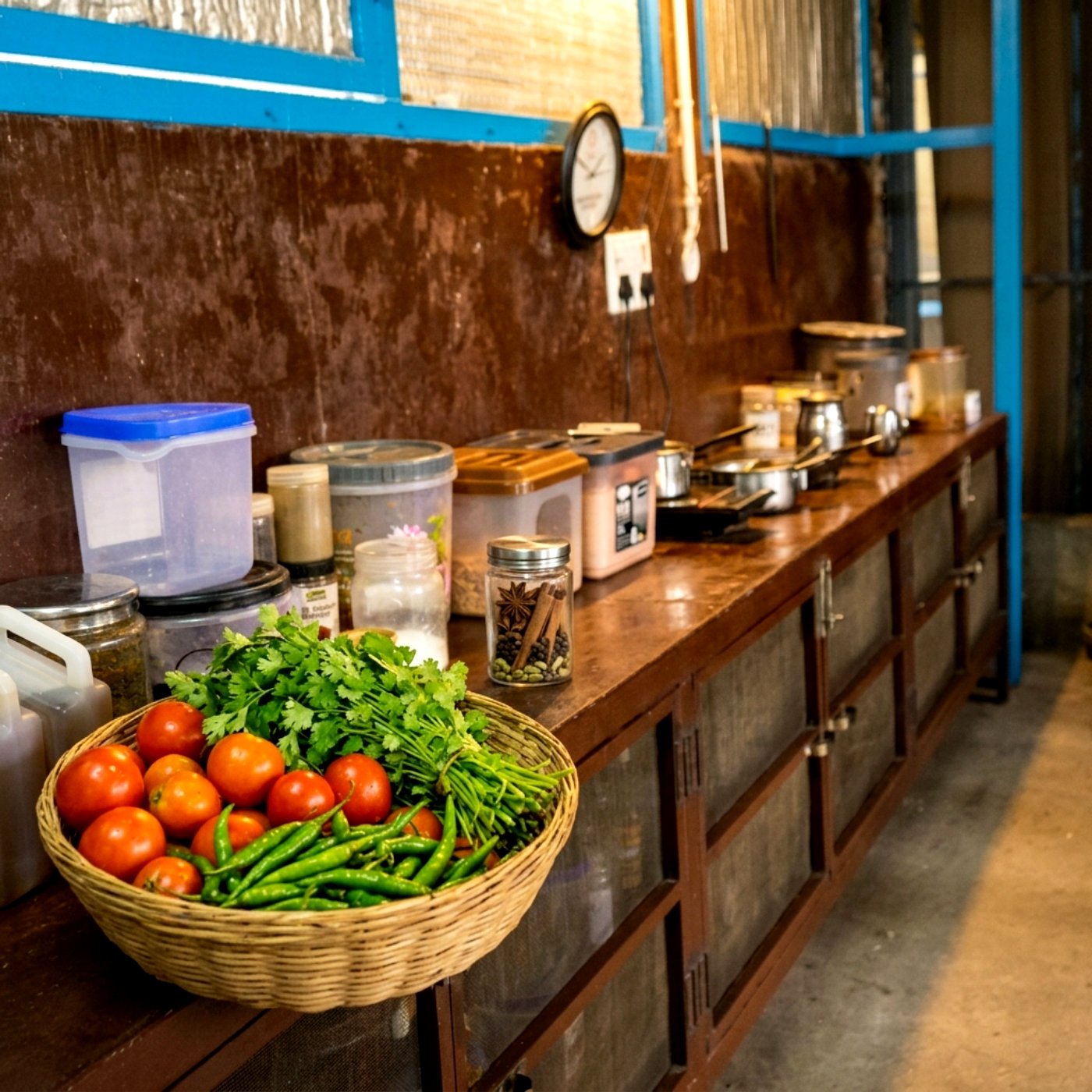 The langar kitchen counter stocked with ingredients and provisions